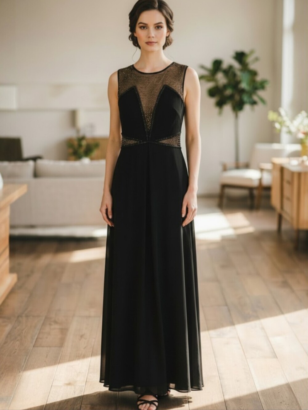 Marciano Mesh-Panel Gown Evening Maxi Dress